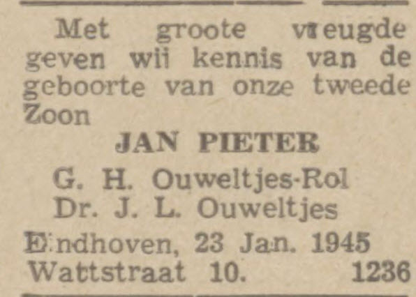 geboorte JP Ouweltjes 1945